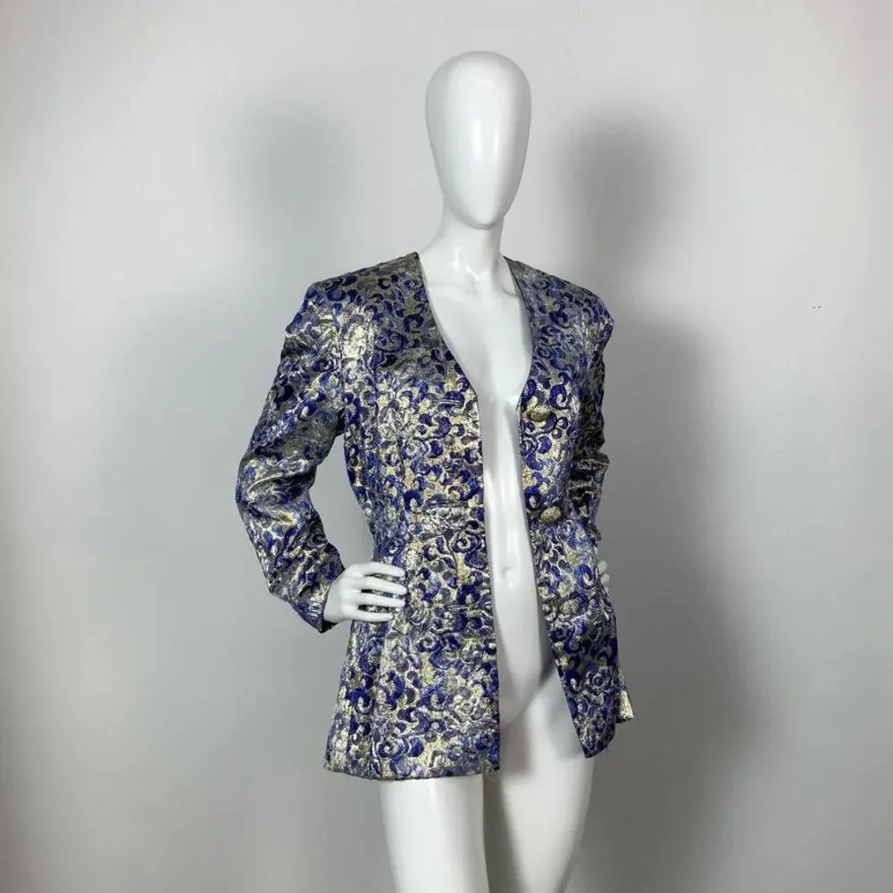Mary McFadden MMF Collection Brocade Blue and Gold Jacket. Size 10 - Picture 6 of 7